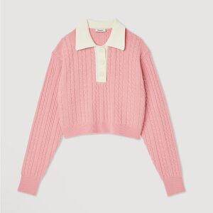 Pink Sandro Cropped Cable Knit Sweater with Cream Collar